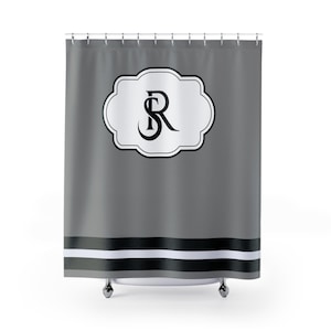 Cortina de ducha con monograma personalizado, decoración de baño con letras personalizadas, cortina de ducha con inicial en gris y negro, decoración elegante para el hogar, inicial SR