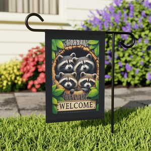 Raccoon Welcome Flag, Cute Animal Flag, Garden Flag, Whimsical Home Decor, Raccoon Family Art, Outdoor Flag, Decorative Flag