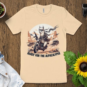 Funny Alpaca T-Shirt, Ready for the Alpacalypse, Motorcycle Llama Tee, Cute and Humorous Design, Perfect Gift, Trendy Graphic Tees