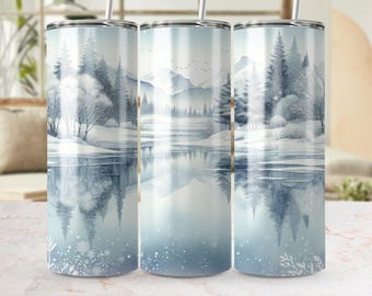 Winter Wonderland 20 oz Skinny Tumbler Wrap, Sublimation Design, Seamless, Digital Download PNG, Snowy Mountain Landscape, Frozen Lake Scene