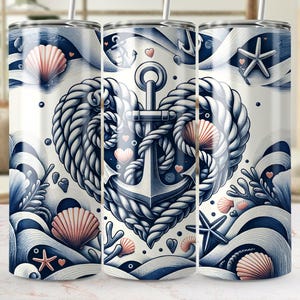 Nautical Anchor Heart 20 oz Skinny Tumbler Wrap, Sublimation Design, Seamless, Digital Download PNG, Valentines Day Tumbler Design