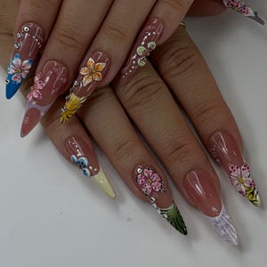 Handmade Tropical Press On Nails |Colorful Summer Press Ons | Floral Nail Tips Handmade | |Vacation Floral Nail Set |Colorful Nails |DC282HK