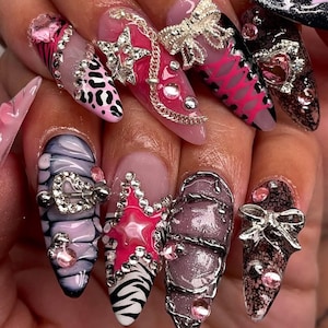 Gothic Pink & Black Long Almond Nail | Dramatic Gothic Fake Nails | Crystal Charms False Nails | 3D Rhinestone Gothic Nail Art | DC120Y