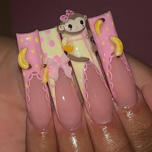 Kawaii Monkey Press On Nails | 3D Banana Cute Nail Art | Różowe, zabawne, kreskówkowe paznokcie | Zabawne, pastelowe nakładki | Urocze zwierzęce paznokcie | DB365H