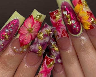 Tropical Sunset Bloom Press On Nails | 3D Hibiscus Flower Nail Art | Gold Accent Summer Nails | Pink & Yellow Ombre Press Ons | DB394H