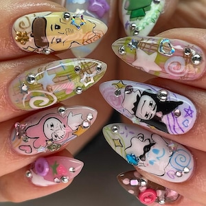 Funny Cartoon Press On Nails | Hand-Drawn Anime Style | Kawaii Pop Art Nail Set | 3D Cute Character Nails | Cartoon Chaos Press Ons | DB304H