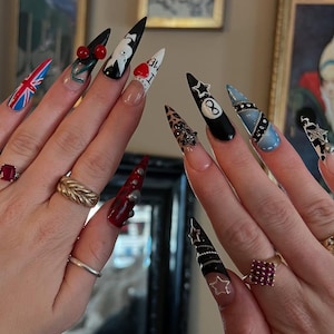 Gothic Rock Press On Nails | Black & Red Punk Design Nail Art | Union Jack, 3D Charms Fake Nails | British Flag Press Ons | DB426Y