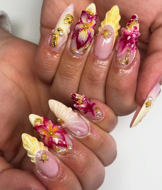 Noerrors Fake-Nägel Mit 3D-Blumen & Strass – Französische Mandelform, Tropischer Frühling-Sommer-Look