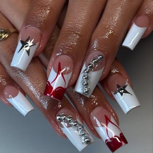 Red Flame Star Glam Press On Nails | White French Tips with Silver Star Charms | Bold Red Flame Nail Art | Rhinestone Glam Nails | DB557E