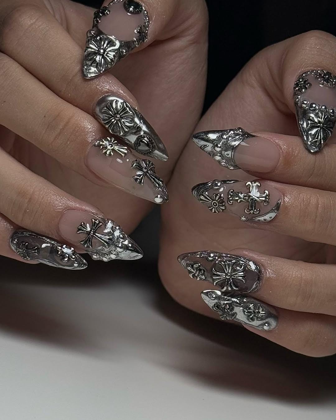 Chrome Gothic Press on Nails by Auritanail | Silver 3D Cross Nail Art | Handmade Punk Fake Nails | Metallic Silver Acrylic Nails | DC264Y - Etsy Japan