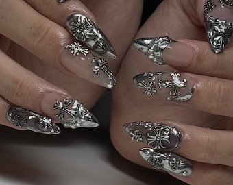 Chrome Gothic Press On Nails by AuritaNail | Silver 3D Cross Nail Art | Handmade Punk Fake Nails | Metallic Silver Acrylic Nails | DC264Y