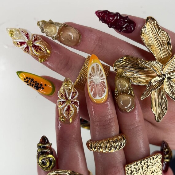Luxury Fruit Press On Nails | 3D Orange & Papaya Nail Art | Tropical Fruit Fake Nails | 3D Luxury Press Ons |Autumn Glow Nail Polish |DB665Y