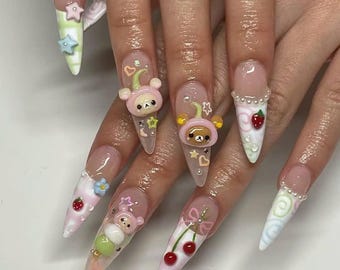 Kawaii Pastel 3D Bear Press On Nails | Cute Bear-Themed Nail Art | Pastel Aesthetic Press Ons | Rilakkuma Inspired 3D Acrylic Nails | DB46Y