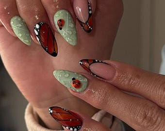 Butterfly & Ladybug Press On Nails | Nature-Inspired Fake Nails | Handmade Leaf Texture Nail Art | Spring-Inspired Press Ons |Luxury |DB238Y