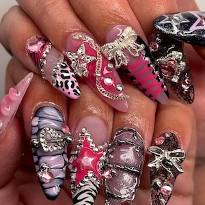 Gothic Pink & Black Long Almond Nail | Dramatic Gothic Fake Nails | Crystal Charms False Nails | 3D Rhinestone Gothic Nail Art | DC120Y