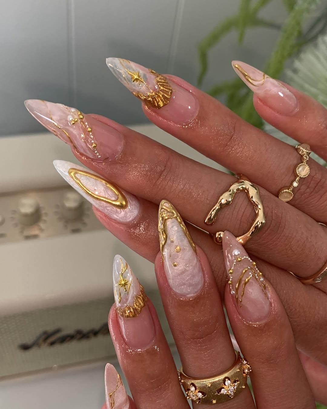Gold Foil Pearl Nails with Celestial Shine