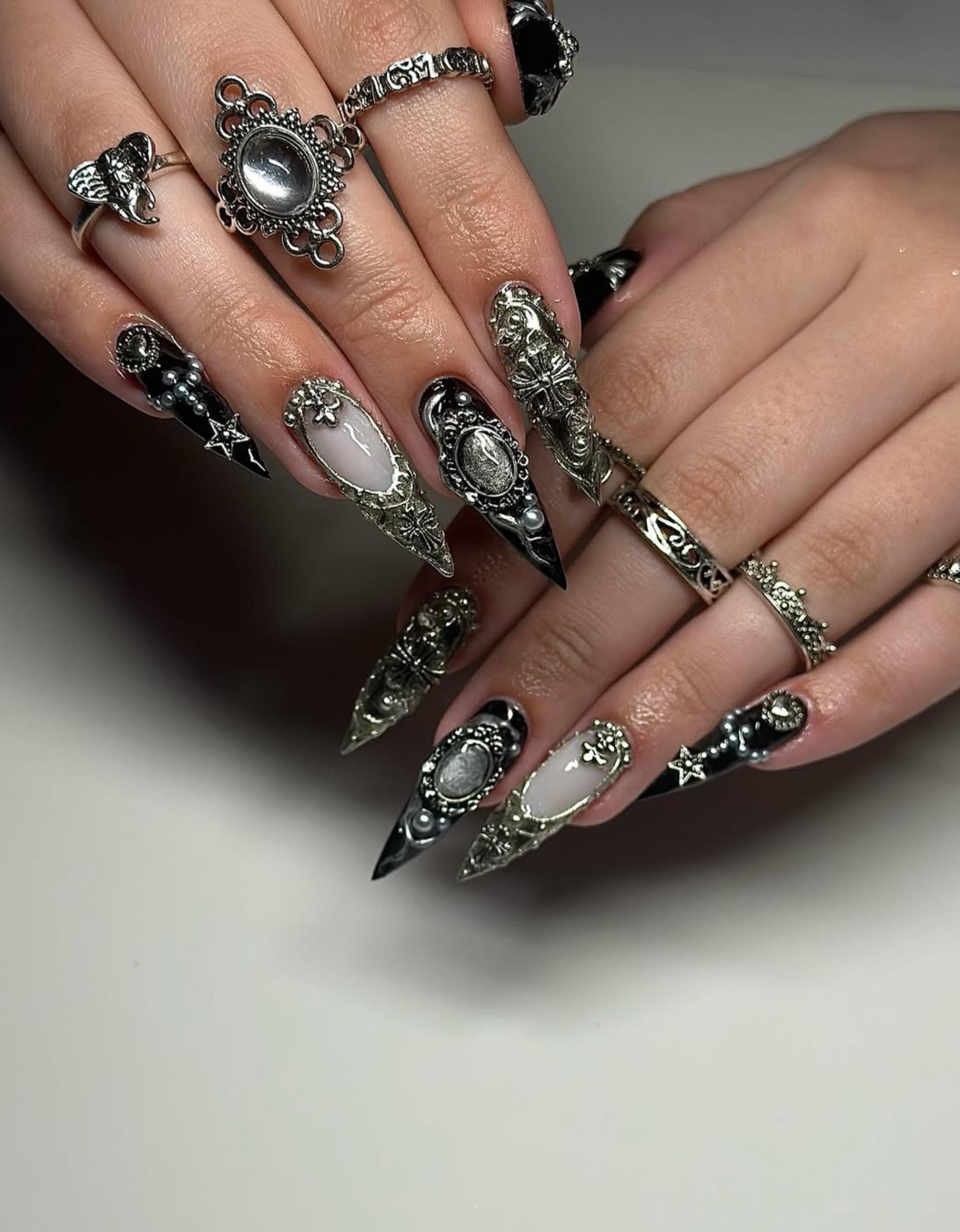 Futuristic Black & Silver Nails