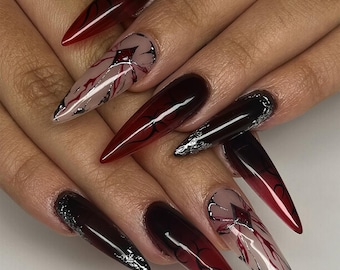 Unghie finte ispirate a Sylus / Artigli Vampire Romance / Unghie fantasy gotiche con venature rosse / Nail art ispirata a Sylus / DC350H