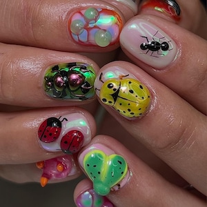 Nature-Inspired Insect Nail Art | Cute Beetle & Ant Nails | Colorful Kawaii Bug Design | Nature Inspired Press On Set | DB433H
