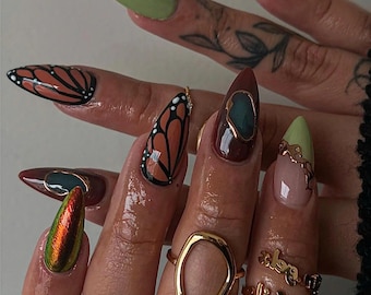 Monarch in Bloom Press On Nails | Autumn-Inspired Fake Nails |  Butterfly Nail Art | Chic Brown and Green Nails | Handmade Press On | DC48H