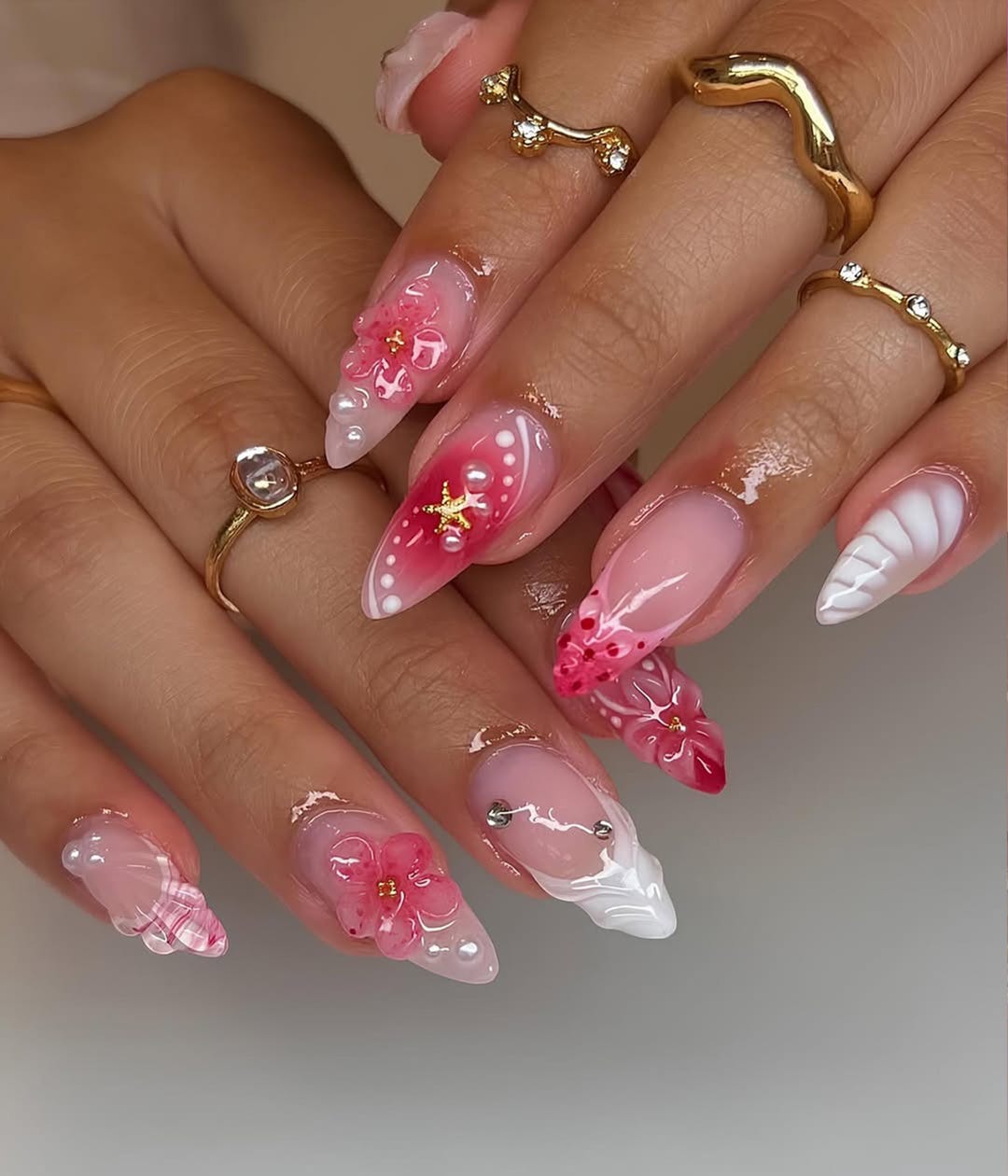 23 Pink Wedding Nails Ideas for a Romantic Bridal Look 18 Pink nails with 3D floral designs
