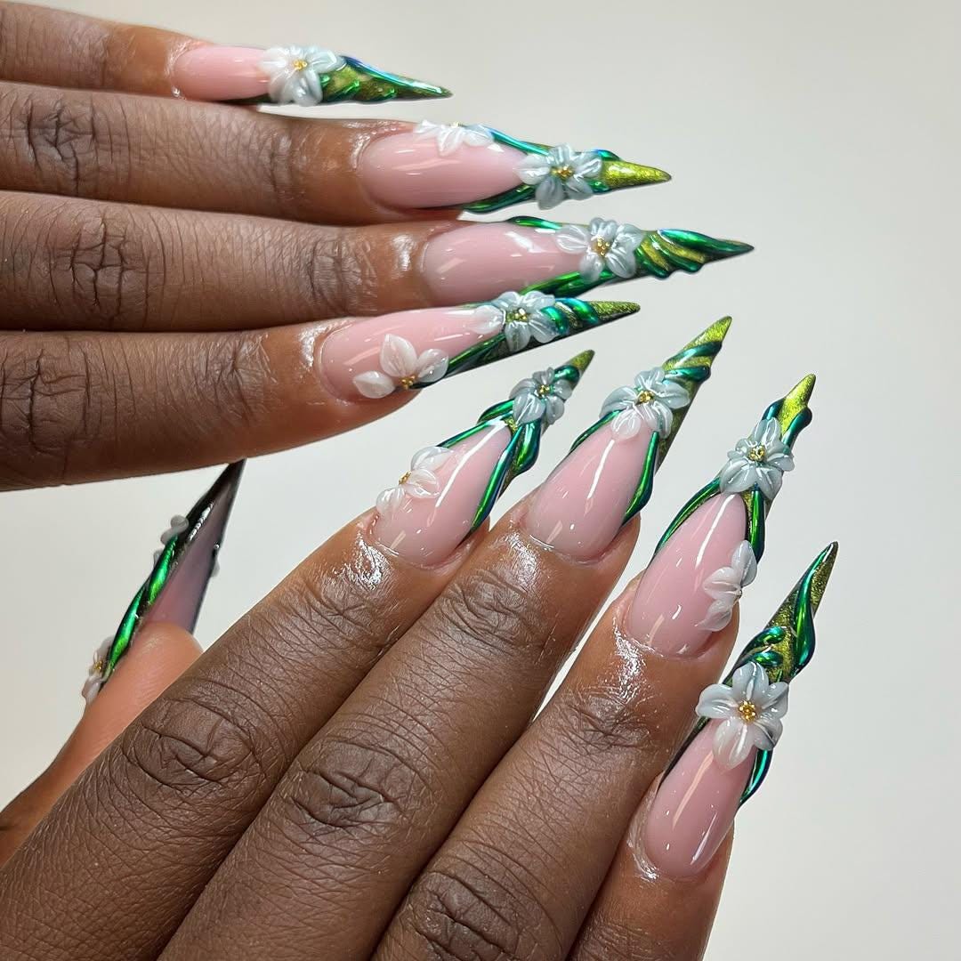 Long Nails with 3D Swirl Leaves
