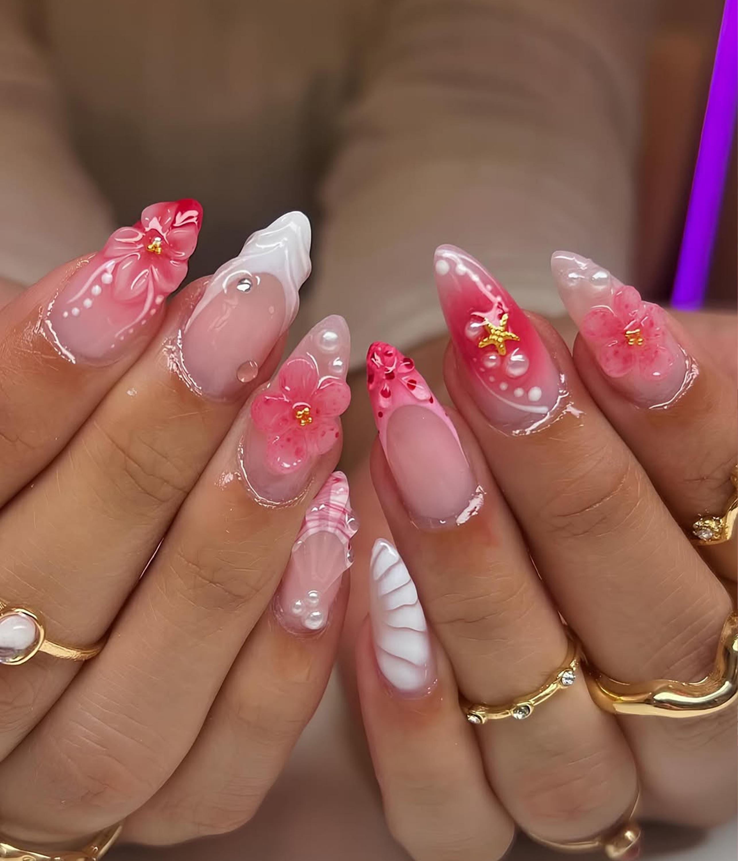 ネイルアート用品セット（ピンク） ピンクの花の3Dプレスオンネイル | ロマンチックな花柄ネイルアート