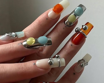 Edgy Metallic Press On Nails by AuritaNails | 3D Silver & Resin Nail Art  |Unique Industrial Metal Fake Nails |Industrial Chic Nails |DB243Y