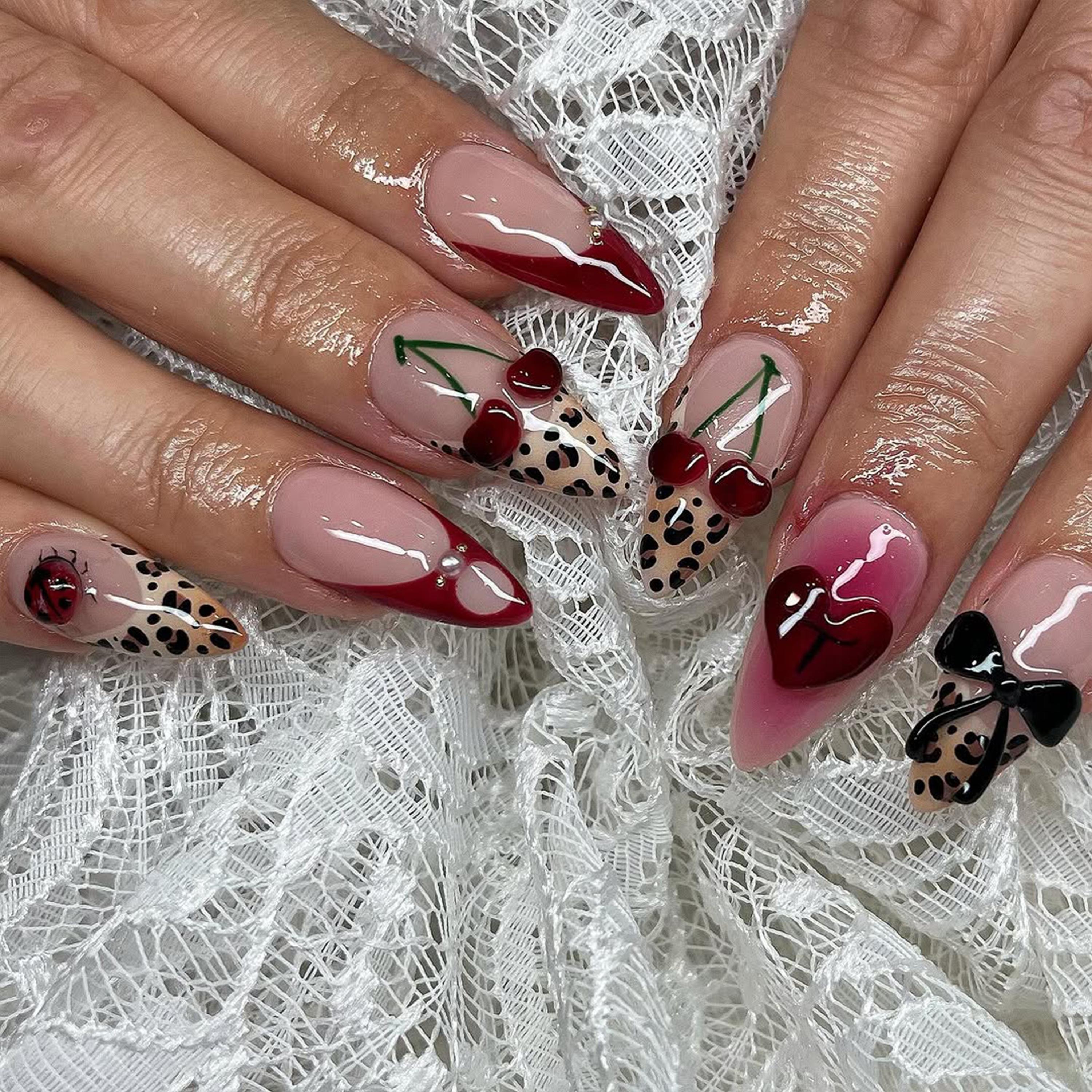 Luxury Cherry Leopard Press-on Nails | Cherry, Leopard & Pearl