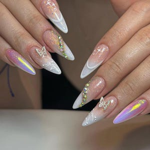 Custom White Glitter Press-On Nails | Sparkly Butterfly Wedding Nails | Iridescent Butterfly Accent | Luxury Press-On Set | DC93H