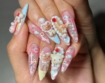 Cute Kawaii Pastel Press On Nails | 3D Cute Bear & Bunny Nails | Pastel Pink Blue Nail Art | Whimsical Candy-Inspired Nails | DB381H