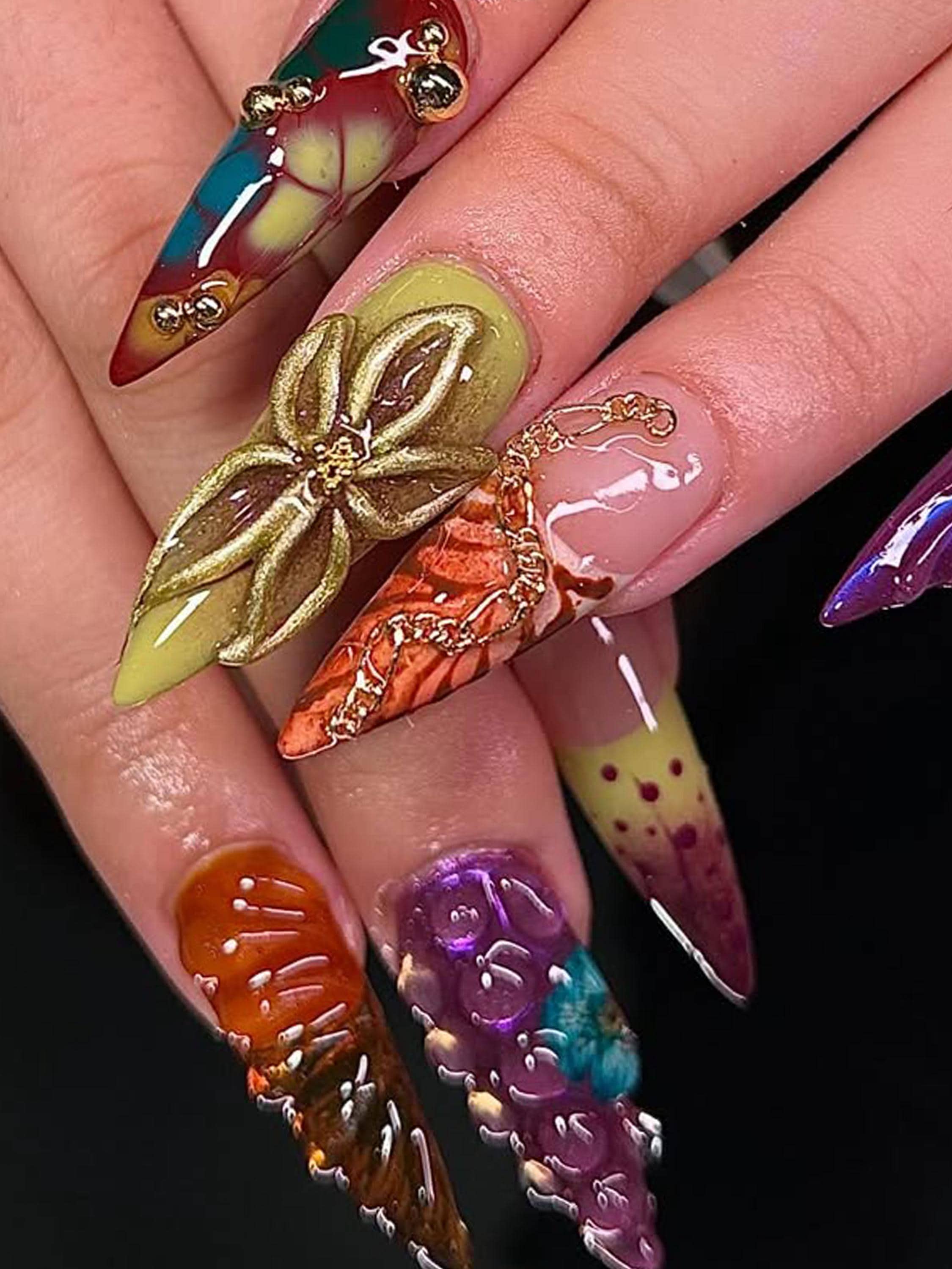 Long Nails with 3D Swirl Leaves