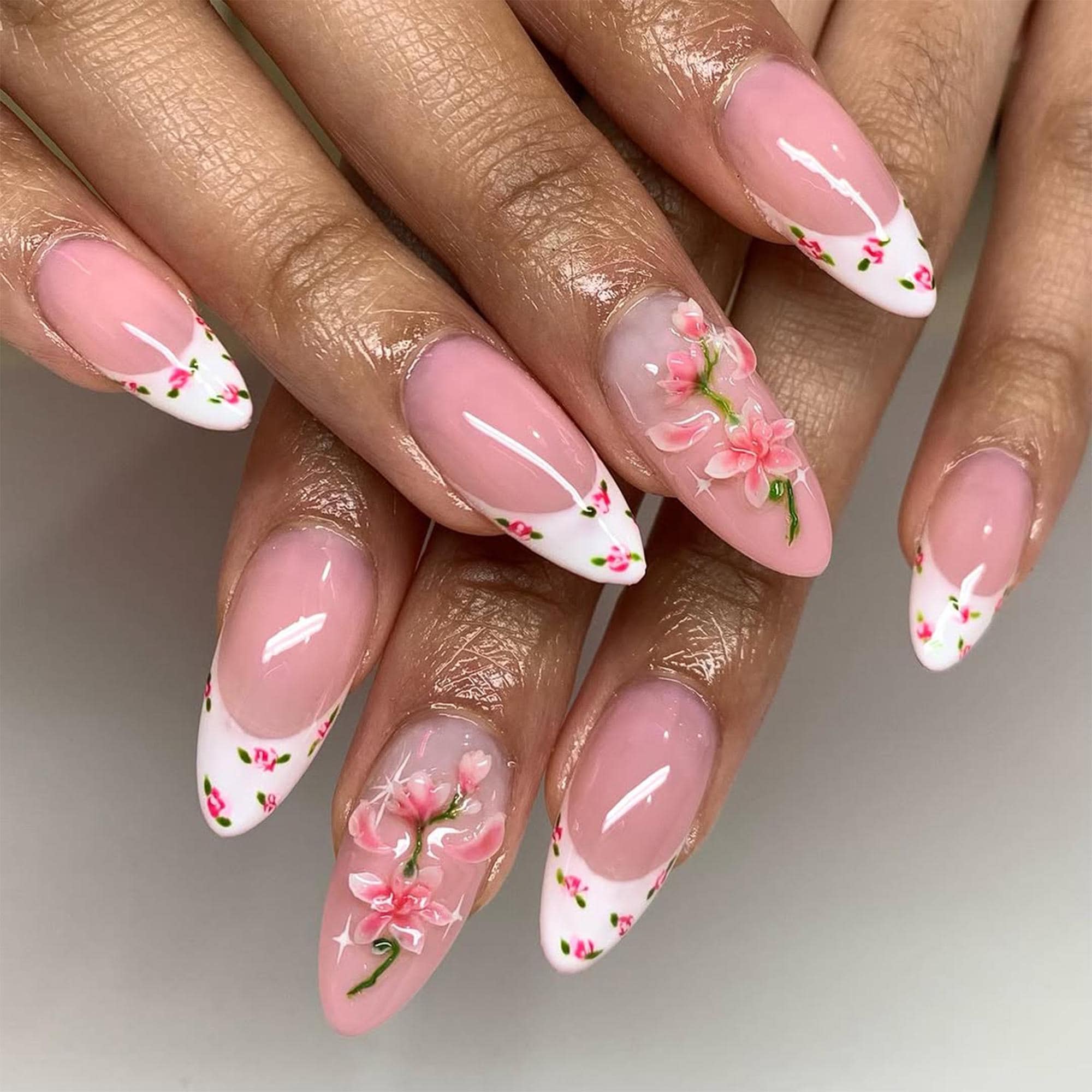 Cherry Blossom French Tip Press-on Nails | Spring Floral Nail Art