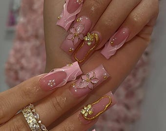 Pink 3D Floral Press On Nails | Pastel Charm Gold Flower Nails | Elegant Girly Long Coffin Nails | Glossy Pink Barbiecore Nails | DB522E