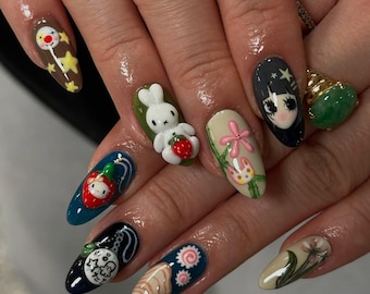 Kawaii Character Press On Nails By AuritaNail | Miffy Bunny Fake Nails | Starry Sky & 3D Miffy Design Nail Art | Japanese Cute Nails |DB255Y