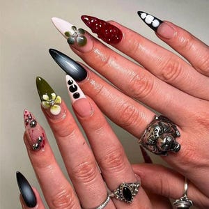 Handcrafted Luxury Press On Nails |Unique 3D Floral, Black & Red Nail Art | Gothic-Inspired 3D Flowers and Glossy Red Nails | DC79H