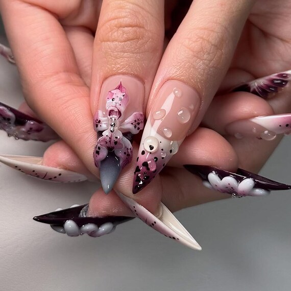 Dark Floral Press on Nails | Ombre & Floral Design Fake Nails | Elegant  Gothic Nail Art | Deep Purple Floral Press Ons |luxury Nails |DB237Y - Etsy