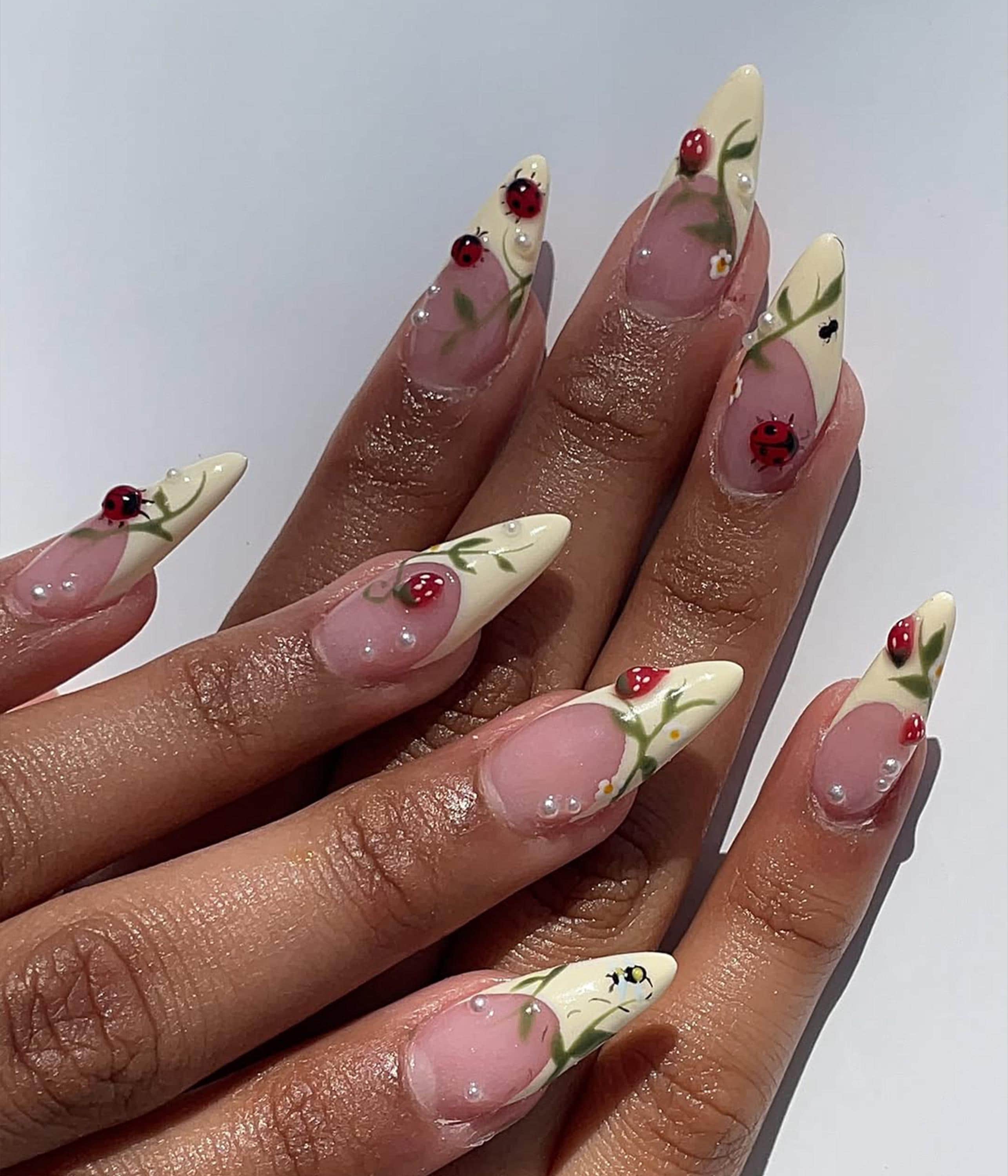 Ladybug French Press On Nails | 3D Cute Bug & Leaf Nail Art | Handmade Spring Nature Press Ons | Soft Cream French Nails | DC320H