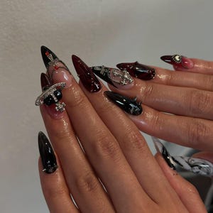 Luxury Gothic Press On Nails | Vampire GothicNail Art  | Black & Red Chrome Fake Nails | Punk Rock Press Ons | Glam Stiletto Nails | DB405Y