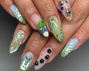 Whimsical Totoro Press On Nails By AuritaNail | Studio Ghibli-Inspired Nail Art | Soft Green Ombre Nail | Fantasy Forest Nail Set | DB248H