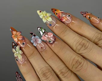 Artistic 3D Floral Press on Nails | Spring Floral Fake Nails ...