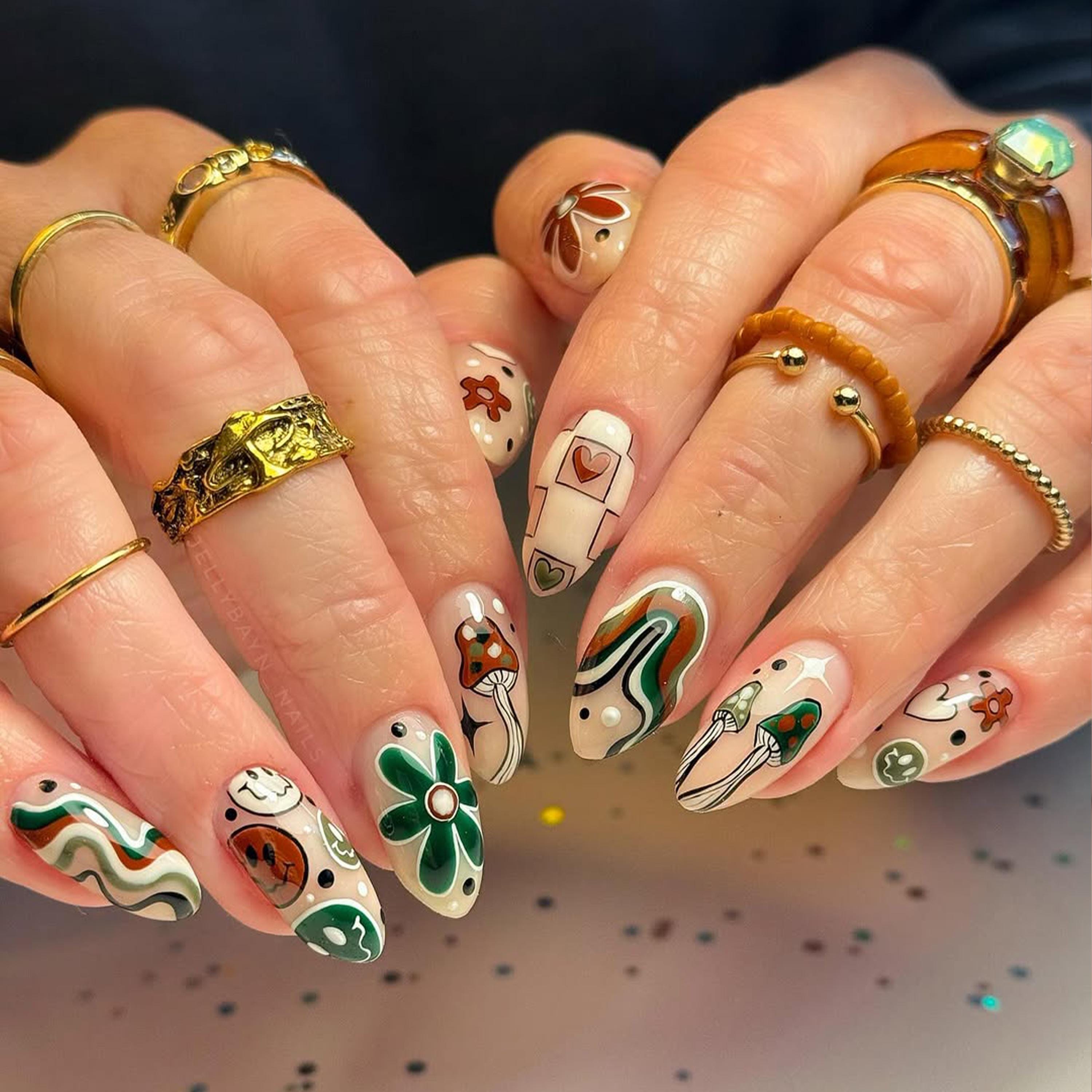 Playful Lop‑Sided Green Stencil Nails