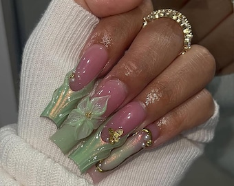 Mint Green Floral Press On Nails | 3D Green Flower Nails | Iridescent Chrome Butterfly Nail Set | Pearl Accents | Garden Long Nails | DB306H
