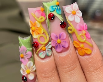 Colorful Garden Ladybug Press On Nails | 3D Pastel Flower Nails | Cute Spring with Ladybugs | Handmade Garden Nails | Long Square | DB308H