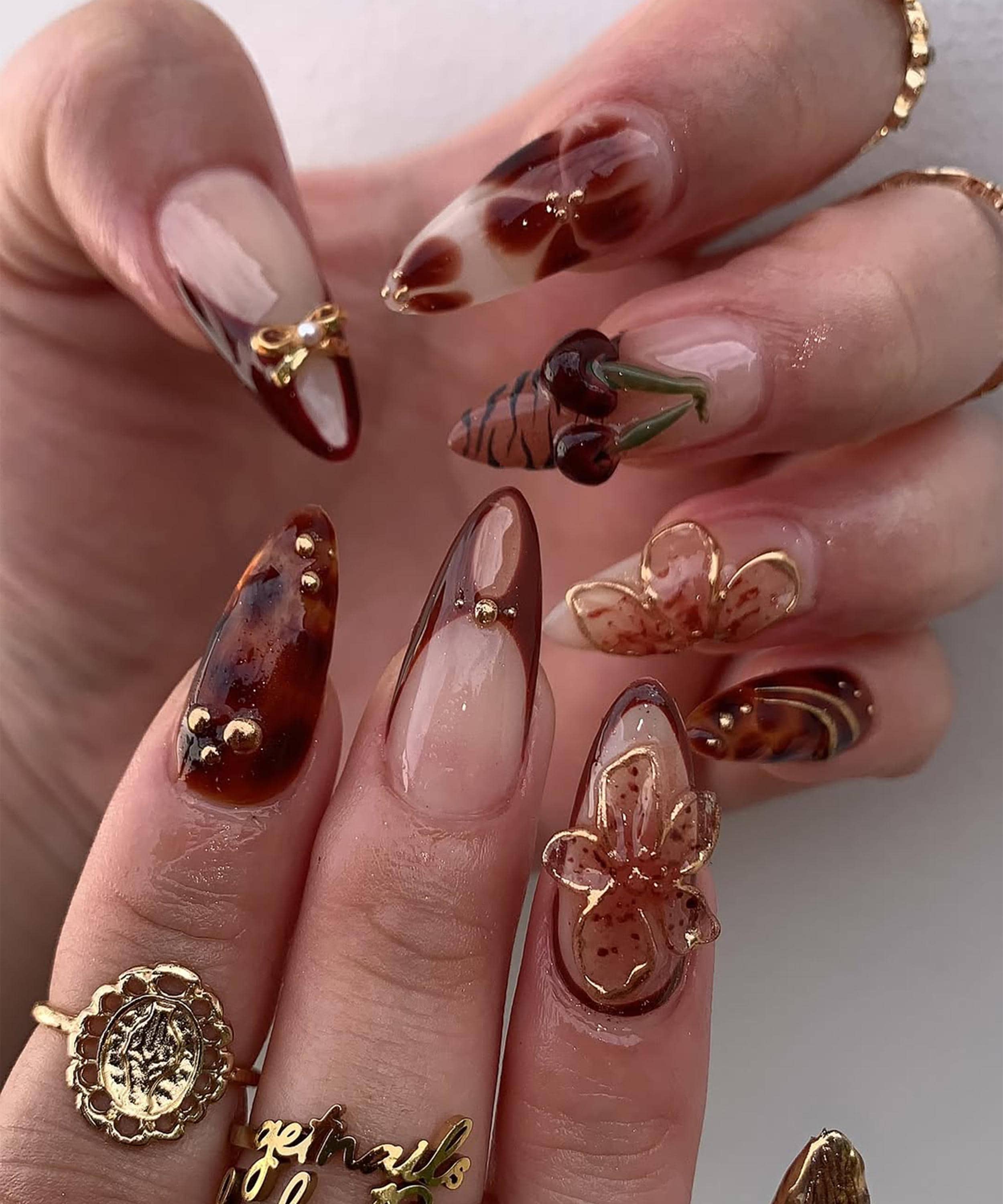 Red Bridal Nails with Floral Accents