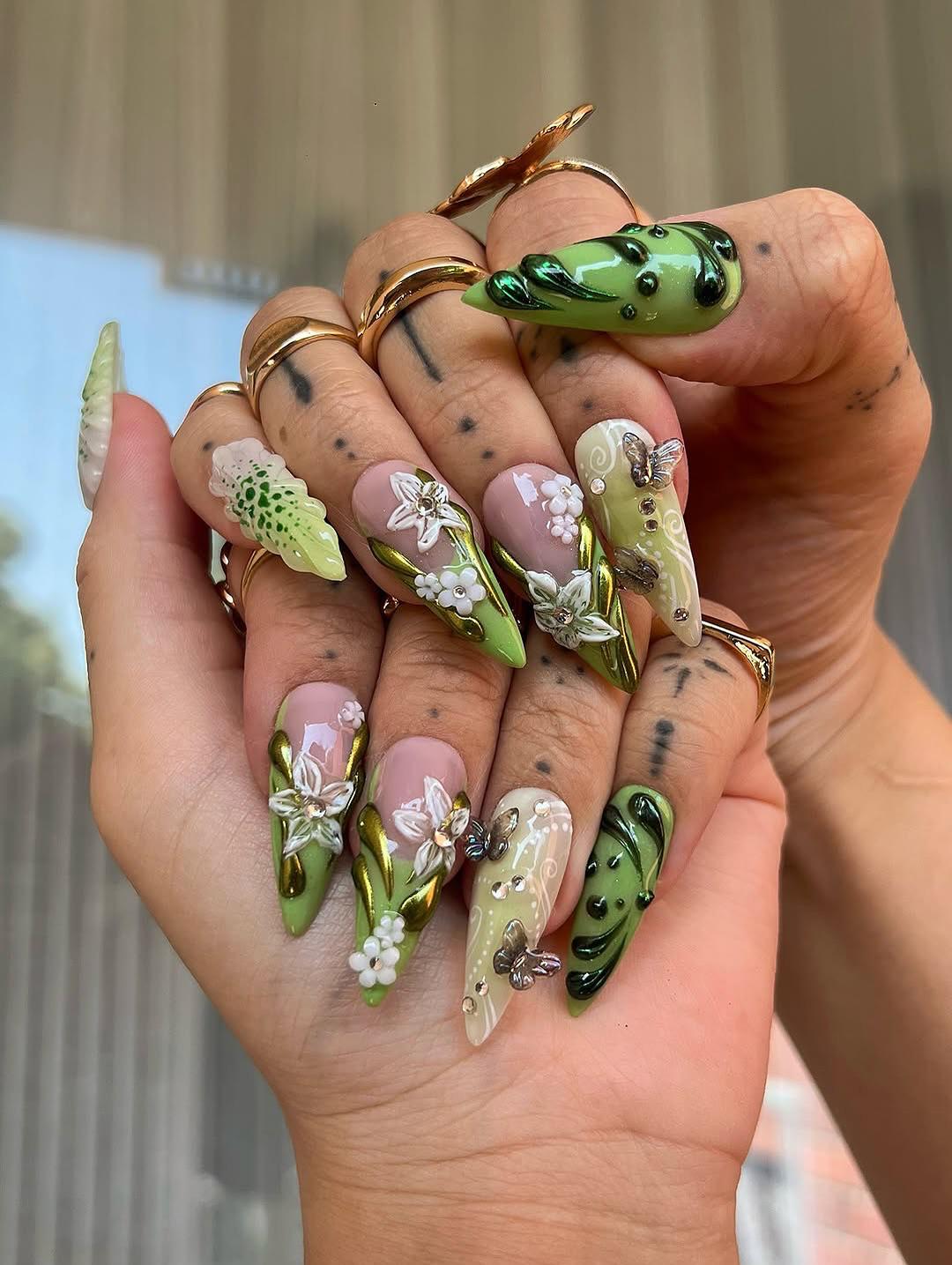 Olive Green Nails with Floral Charm