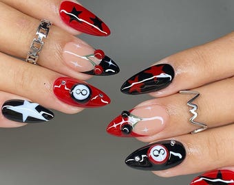 ロカビリースタープールプレスオンネイル | レッドブラックチェリー