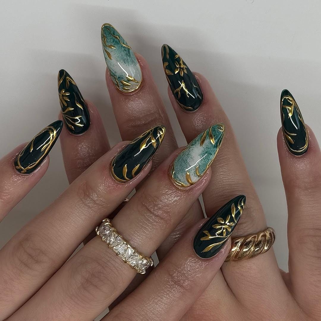 Elegant Black & Gold Marble Nails
