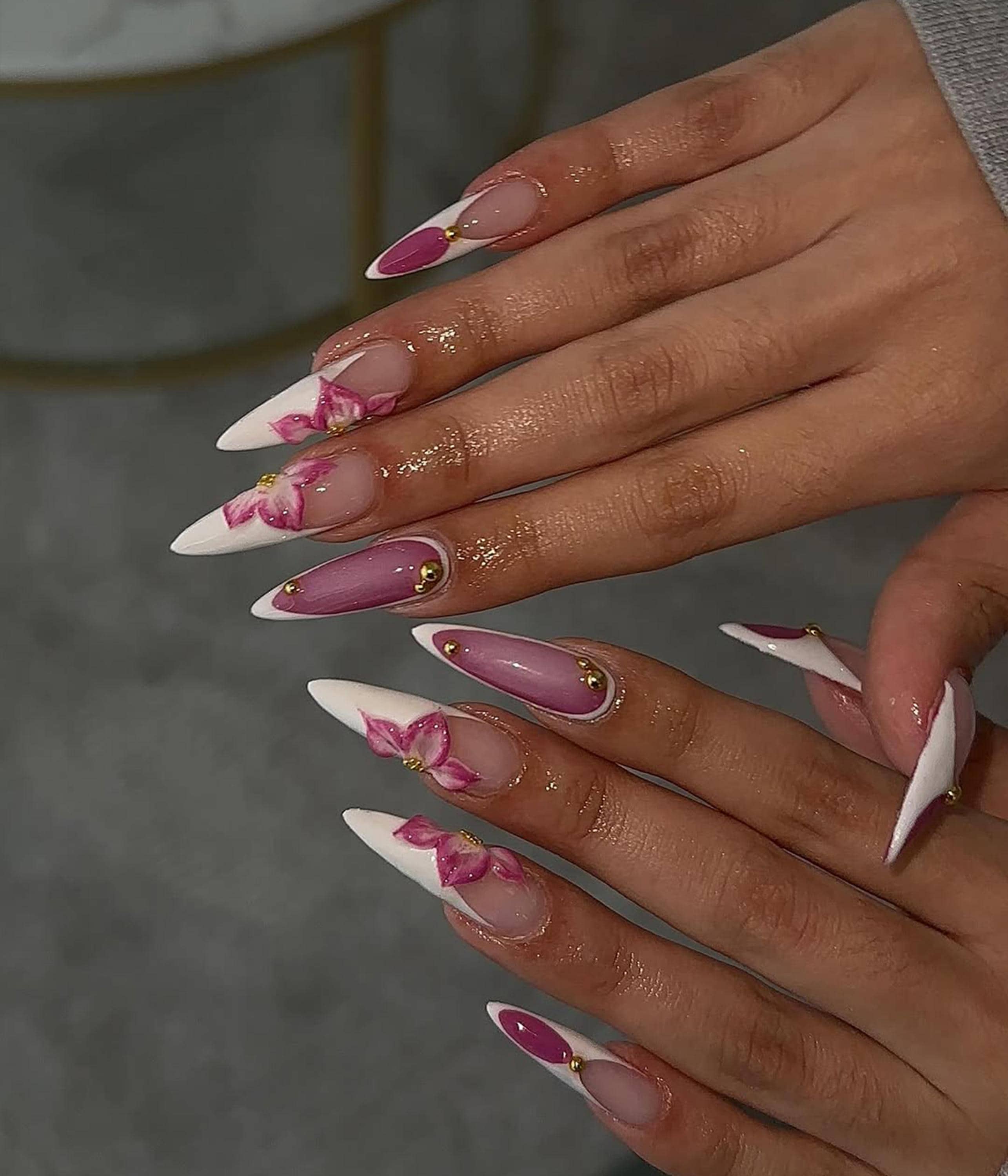 Elegant Orchid Bloom Press On Nails | White French Stiletto Nails | 3D Floral Accent| Elegant Pink & White Nail Art | Handmade Nail | DC299H