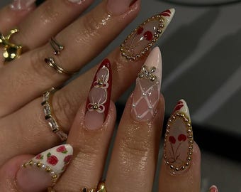 Luxury Gothic Press On Nails | Luxury Red and Gold French Tip Fake Nails | Red and Gold Romantic Nail Art | 3D Romantic Nail Art | DC156Y